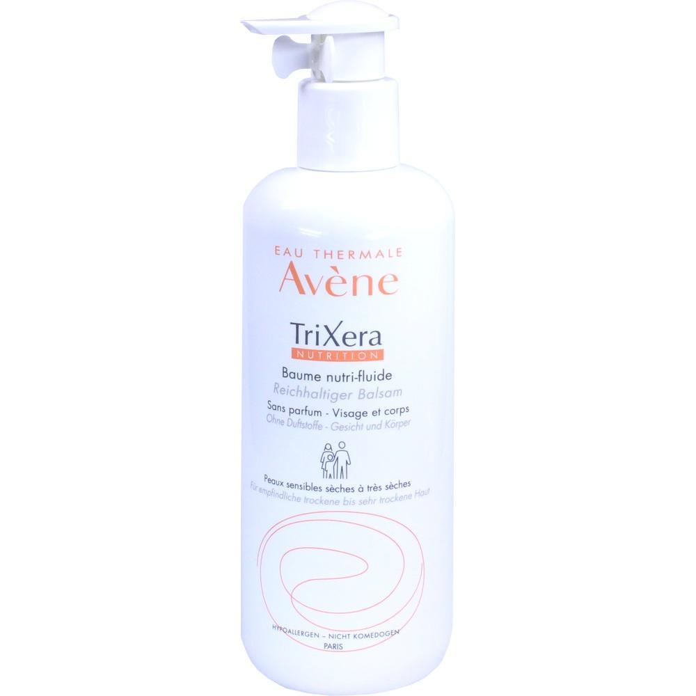 Weiße Flasche mit Pumpe, Aufschrift sagt "Avène TriXera Nutrition Balsam".