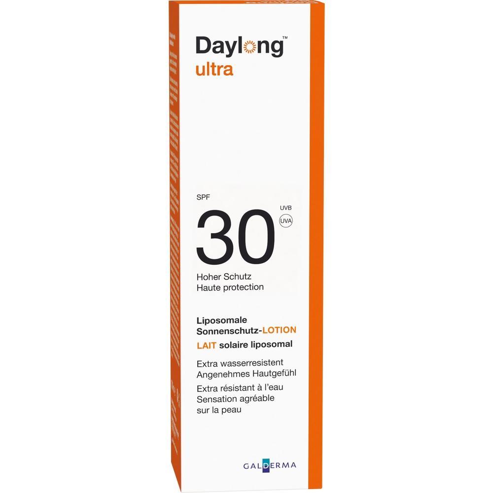 Weiße Schachtel mit orangenem Rand, Aufschrift: "Daylong Ultra SPF 30 Sonnenschutz-Lotion".
