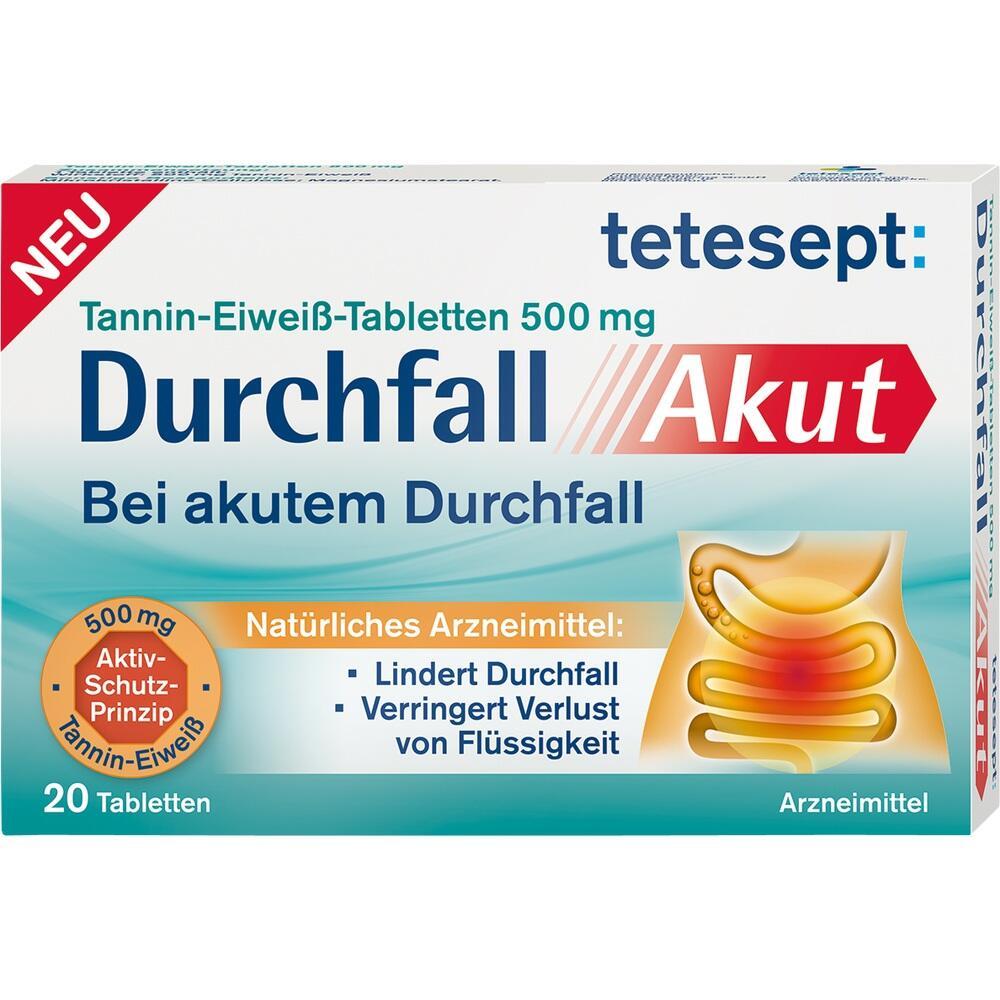Verpackung eines Medikaments für akuten Durchfall mit natürlichen Zutaten.